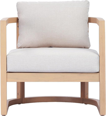 Merax Outdoor Acacia Wood Club Chair wtih Cushions, Patio Sofa Armchair with Rattan-Woven Back, Sturdy Base for Porch, Lawn, Backyard, Balcony, Light Teak