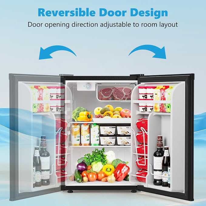 COWSAR 2.6 Cu.Ft Mini Fridge with Freezer, Quiet Reversible Door Compact Refrigerator, Small Refrigerator with 2 Removable Shelves, Adjustable Thermostat, for Office, Bedroom, Dorm, Black