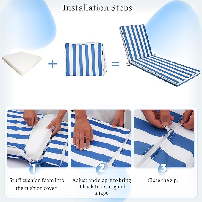 Chaise Lounge Cushions Outdoor Set of 2, 72"x22"x3" Patio Lounge Chair Furniture Cushions with Washable Covers for Pool, Patio, Lawn (Sky Blue+White Stripes, 2 Pcs)