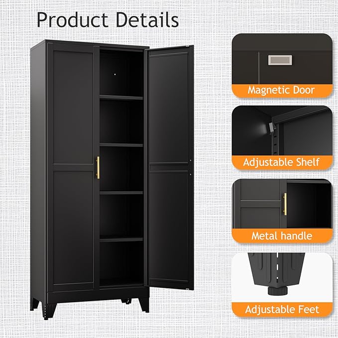 PAOFIN 71" Tall Metal Pantry Storage Cabinet with Doors and 4 Adjustable Shelves, Black Kitchen Food Pantry Cabinets, Tall Freestanding Cupboard for Kitchen, Dining Room or Living Room, Black