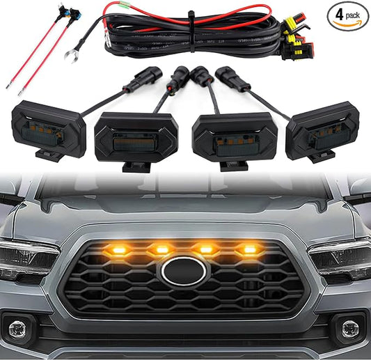 Seven Sparta 4 PCS Grill Led Lights with Fuse Adaptor Compatible with 2020-2023 Toyota Tacoma TRD Off Road & Sport OEM Front Grille, Half-Cover (Amber Light with Black Shell)