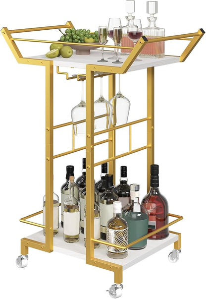 Bar Cart, 3-Tier Serving Cart with Wine Glass Rack, Drink Cart with Wheels, Rolling Beverage Cart, for Living Room, Party, White and Gold BC10DW