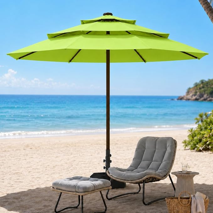 10ft Patio Umbrella, 3-Tier Vented Outdoor Table Umbrella with 8 Sturdy Fiberglass Ribs, Windproof Market Umbrella with Push Button Tilt and Crank, UV Protection for Deck, Pool, Apple Green