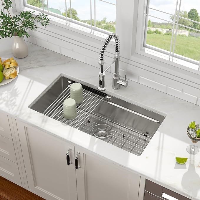 32x17 Inch Undermount Kitchen Sink with Upgraded Fast Drain & Anti-Clog All-In-One, 16 Gauge Stainless Steel Workstation Sink, Single Bowl Deep Under Counter Sink