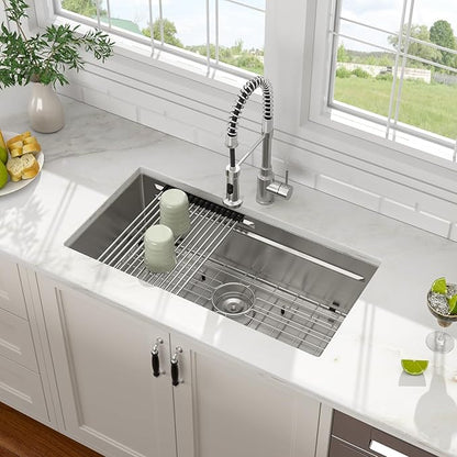 32x17 Inch Undermount Kitchen Sink with Upgraded Fast Drain & Anti-Clog All-In-One, 16 Gauge Stainless Steel Workstation Sink, Single Bowl Deep Under Counter Sink
