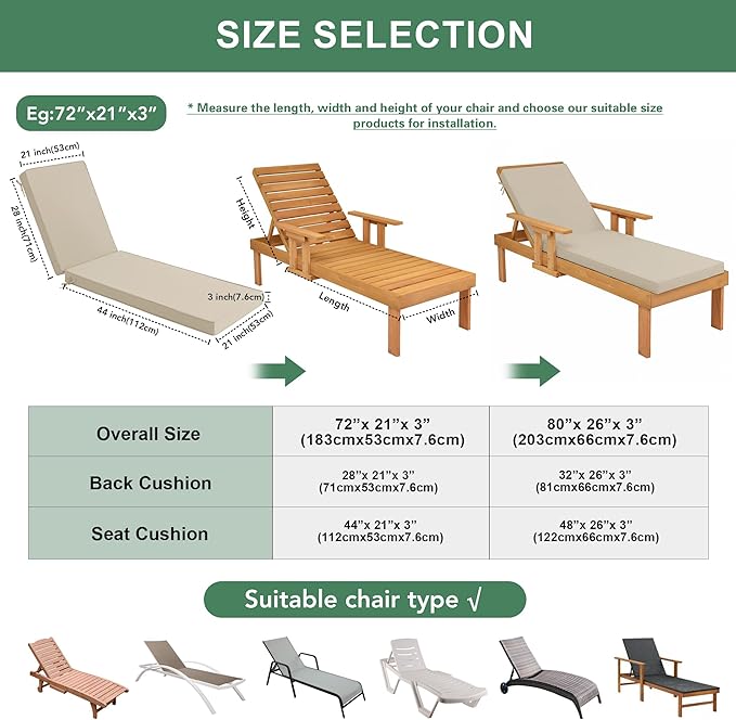 Summsun Chaise Lounge Cushions Outdoor - Waterproof and Fade Resistant Sun Lounger Replacement Cushions - Patio Lounger Pads with Removable Cover for Pool, Deck, Lawn, 80 x 26 x 3 Inch, Cream