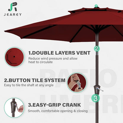 JEAREY 9 ft 2-Tiers Patio Umbrellas Outdoor Table Market Umbrella w/Push Button Tilt/Crank, 8 Sturdy Ribs, UV Protection Waterproof Sunproof(Red)
