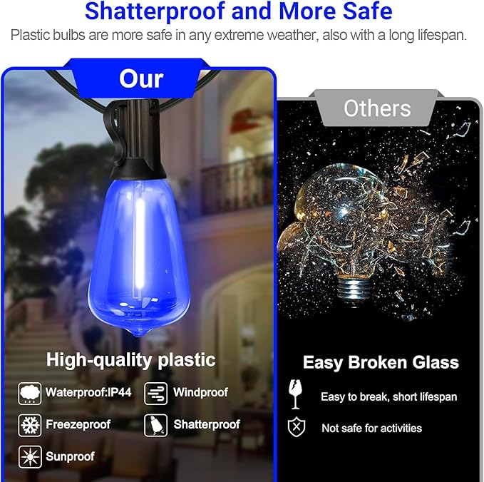 LAMPHOME 26Ft ST38 Outdoor String Lights, Blue Patio Lights with 12+1 ST38 Edison Bulbs, LED Shatterproof String Lights for Outside Bistro Christmas Patio Party Decorations