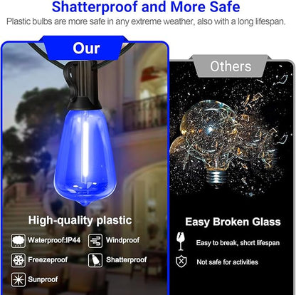 LAMPHOME 26Ft ST38 Outdoor String Lights, Blue Patio Lights with 12+1 ST38 Edison Bulbs, LED Shatterproof String Lights for Outside Bistro Christmas Patio Party Decorations