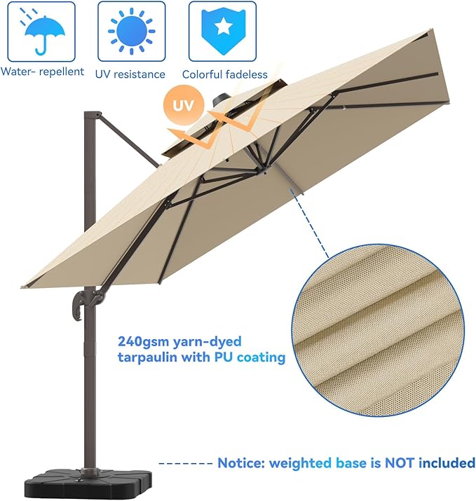10x13FT Beige Cantilever Outdoor Patio Umbrella with Base, Large Rectangular Offset Design, Double Top Heavy Duty Aluminum Frame & 360° Rotation for Pool Garden Deck Backyard