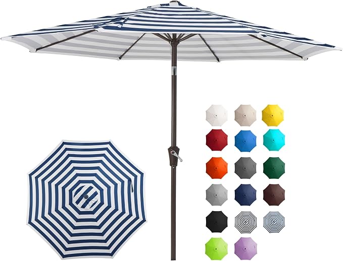 JEAREY 9FT Outdoor Patio Umbrella, Market Umbrella, Blue-white Stripe | Outdoor Table Umbrellas with 8 Sturdy， Tilt & Crank UV Protection Waterproof for Garden, Deck, Backyard, Pool