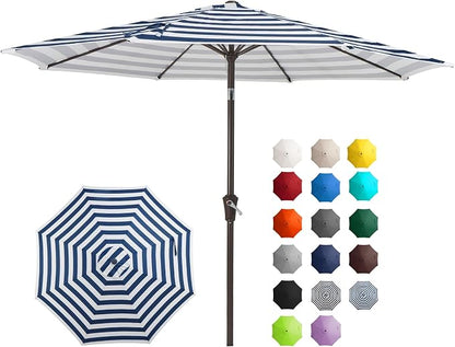 JEAREY 9FT Outdoor Patio Umbrella, Market Umbrella, Blue-white Stripe | Outdoor Table Umbrellas with 8 Sturdy， Tilt & Crank UV Protection Waterproof for Garden, Deck, Backyard, Pool