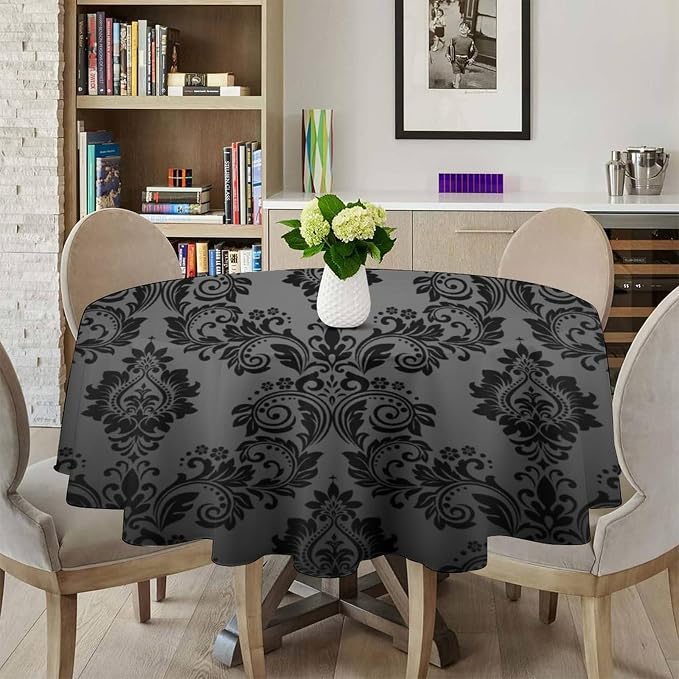 Gothic Black Damask Round Tablecloth, Vintage Floral Exotic Bohemian Antique Victorian Table Cloth Water Resistant Table Cover for Farmhouse Party Holiday Kitchen Dinner Table 70"