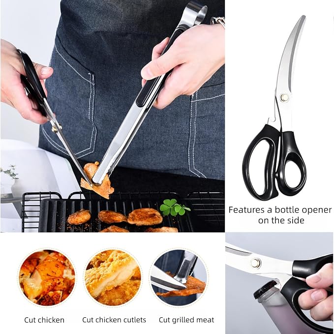 Korean Barbecue Scissors And Tongs Set, Bbq Scissors Bbq Tongs, Stainless Steel Ergonomic Sharp Shears And Clips For Kitchen, Cooking Clips,Pizza Shears For Easy Use (Black)