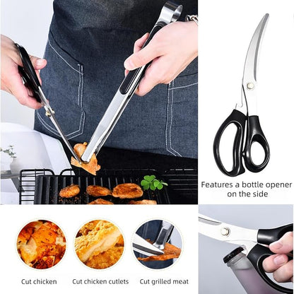 Korean Barbecue Scissors And Tongs Set, Bbq Scissors Bbq Tongs, Stainless Steel Ergonomic Sharp Shears And Clips For Kitchen, Cooking Clips,Pizza Shears For Easy Use (Black)