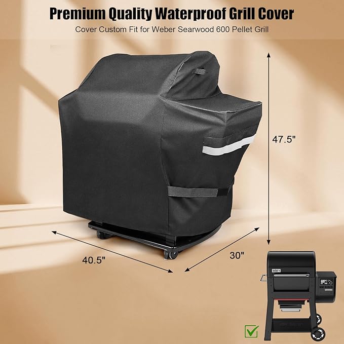 QuliMetal Grill Cover for Weber Searwood 600 Pellet - 600D Heavy-Duty Waterproof and Tear-Resistant Grill Cover for 3400145 Weber Searwood,Outdoor BBQ Accessory