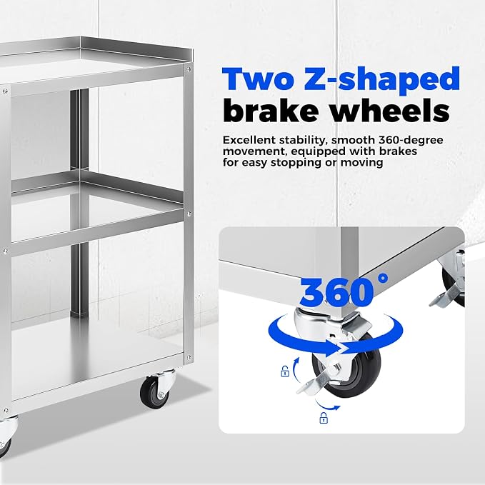 Hally Stainless Steel Utility Cart 3 Tier NSF Rolling Carts 24" Lx16 Wx34 H | Commercial Heavy Duty Metal Mobile Food Cart, with Handle and Wheels, for Kitchen, Restaurant, Hospital, Laboratory and Home