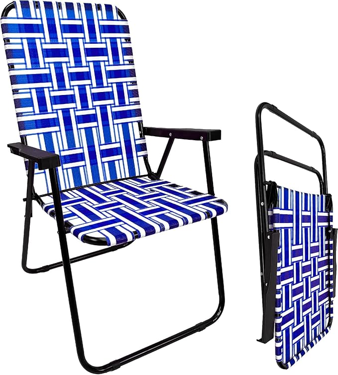 Lawn Chair Folding Steel Webbing Chaise Patio Lounger Seat Wood Handles Great for Camping, Beach, Fishing, Backyard, Stadium, Pool, Boating, and Sports 4 Pack Blue