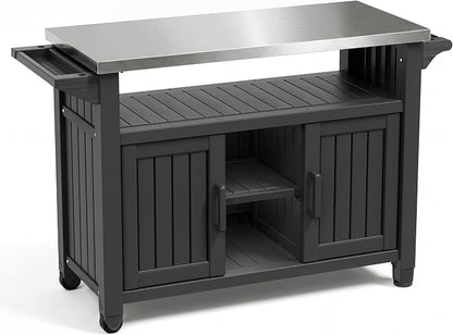 Bifanuo Outdoor Grill Table Grill Cart with Stainless Steel Top & Storage Cabinet for Food Prep and Storage, Portable and Durable with Wheels (Standard Black)
