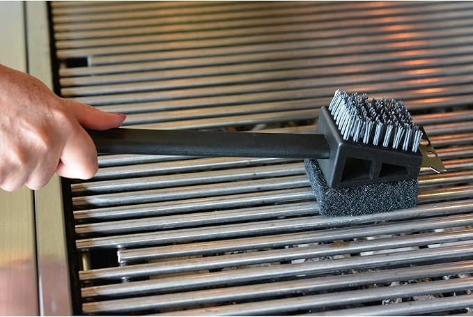 RSVP International Barbeque Grilling Collection Grill Cleaning Tool, 3-in-1 Brush/Scraper, 15-Inch, Black