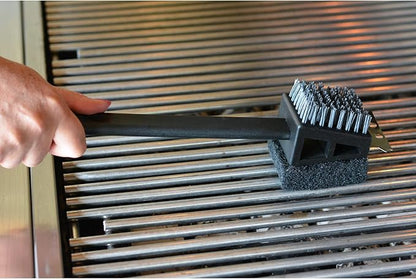 RSVP International Barbeque Grilling Collection Grill Cleaning Tool, 3-in-1 Brush/Scraper, 15-Inch, Black