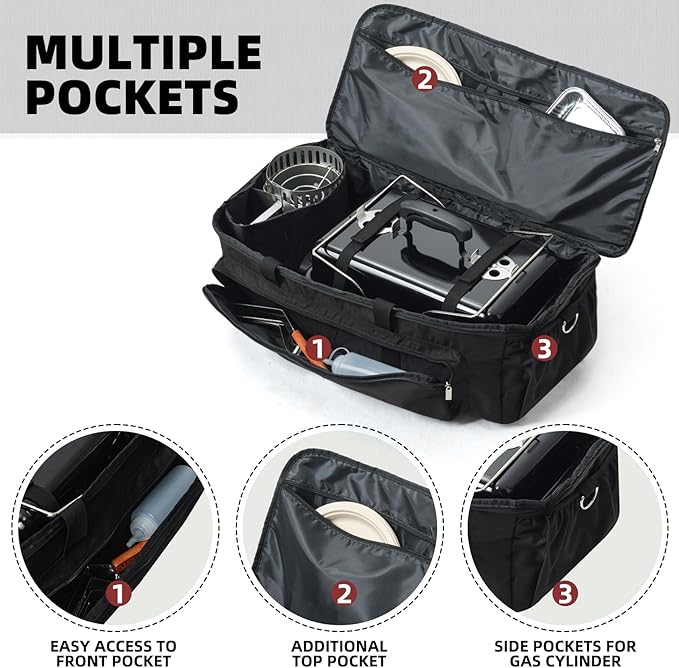 Padded Carry Bag for Weber 121020 Go-Anywhere Charcoal Grill with Special Divider for Chimney Starter, Water-resistant Portable Carrying Case, Camping Griddle Accessories, Black (Bag Only)