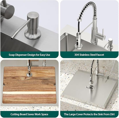 21 Inch Outdoor Kitchen Sink with Faucet - 21x20 Drop In Workstation 16 Gauge Stainless Steel Single Bowl Topmount Outdoor Wet Bar Sink with Stainless Steel Dust-Proof Cover #TLT-0068