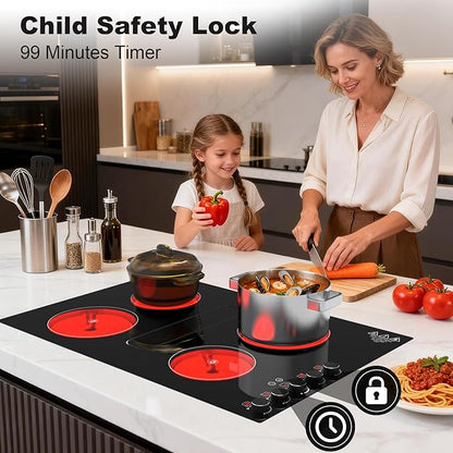 30" Electric Cooktop with Downdraft – 4 Burner 6000W Built-in Electric Stove, BBQ Bridge Burner, Timer, Safety Lock, Recirculating Vent (220V-240V)