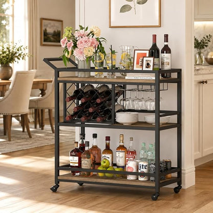 Bar Cart with Wheels, Wine & Liquor Cart for Home | Rolling Serving Cart for liquor, 3 Tier Beverage Cart with Wine Rack and Glass Holder, Rustic Oak