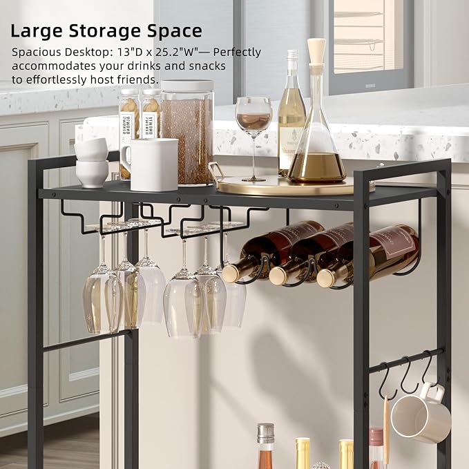 Joaxswe Bar Cart, Home Bar Serving Cart with 2-Tier Shelf,Rolling Beverage Cart with Wheels,Mobile Kitchen Shelf,Modern Black Wine Drink Cart with Wine Rack and Glass Holder for Kitchen,Dinning Room