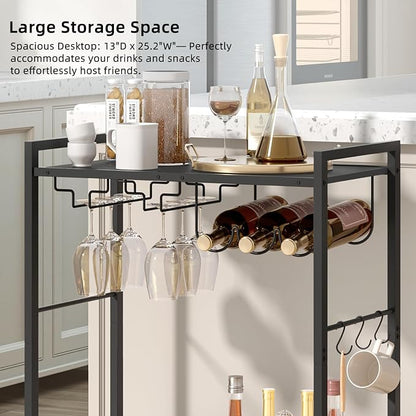 Joaxswe Bar Cart, Home Bar Serving Cart with 2-Tier Shelf,Rolling Beverage Cart with Wheels,Mobile Kitchen Shelf,Modern Black Wine Drink Cart with Wine Rack and Glass Holder for Kitchen,Dinning Room