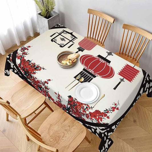 TKS MITLAN Chinese Lantern Decorative Rectangle Tablecloth Festival Window Flower Cherry Pattern Polyester Table Cloths Kitchen Table Cover for Dining BBQ Picnic Coffee Table 52 x 70 Inch 4-6 Seats