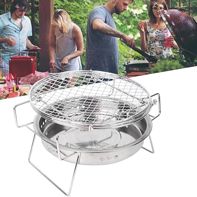Barbecue Charcoal Grill Stainless Steel Round BBQ Grill Charcoal Barbecue Grilled Net Portable Charcoal Grill(30x18.3cm)
