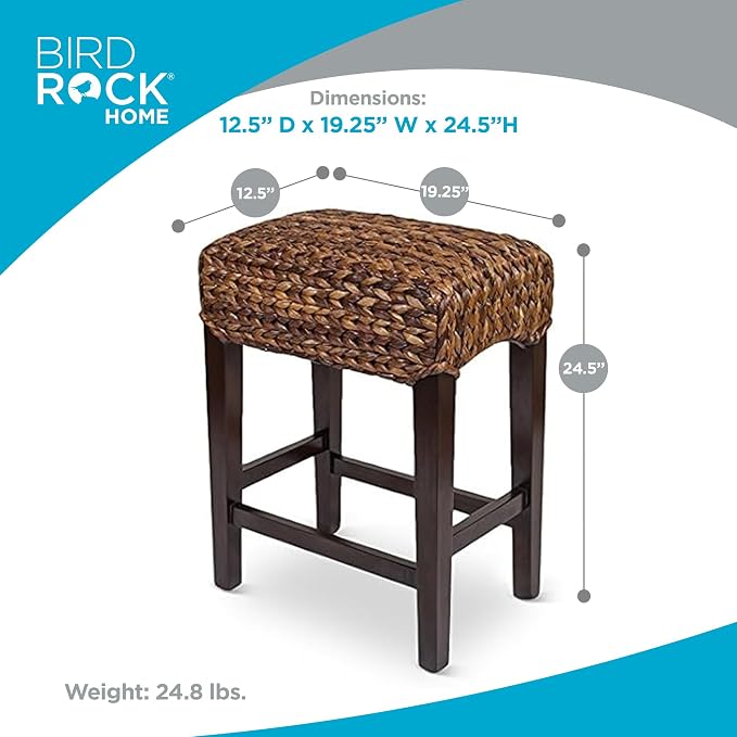 BIRDROCK HOME Seagrass Backless Counter Height Barstool Set of 2, 24.5" H | Backless Counter Stools for Kitchen, Bar, Dining Room, Fully Assembled Mahogany Wooden Barstools with Seagrass Seat