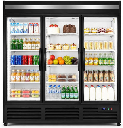 71” Wide Commercial Beverage Refrigerator Display Fridge, Three Glass Door Merchandiser Drink Cooler With LED Light 9 Adjustable Shelves,ETL Sanitation,63.5 Cu Ft,BLACK,Wheels Included