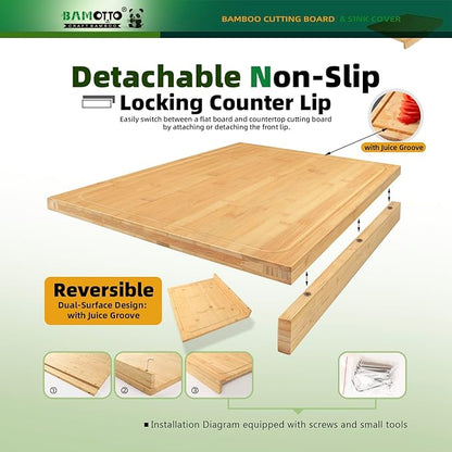 BAMOTTO CRAFTBAMBOO Large Bamboo Cutting Board 17.7"x15.8", Reversible Dual-Sided Juice Grooves, Detachable Front Lip for Counter Stability, Sink & Stovetop Cover