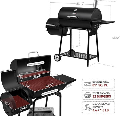 Royal Gourmet CC1830M 30 Inch Barrel Charcoal Grill with Offset Smoker & Warming Rack, Outdoor BBQ Grill with 811 Sq. In. Grilling Space for Backyard, Patio and Parties, Black
