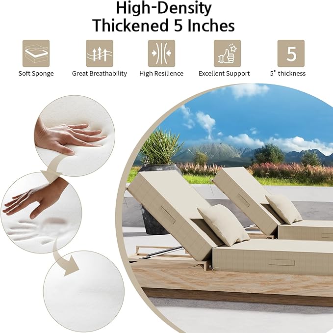 Outdoor Water-Resistant Olefin Chaise Lounge Cushions with Pillow, Weather and Fade Resistant Patio Furniture Lounge Chair Cushion Ideal for Patio, Lawn, Garden, Beige, 72" L x 21" W x 5" T
