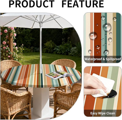Outdoor Tablecloth with Umbrella Hole and Zipper Fits 45-48" Tables | Waterproof Round Fitted Tablecloth with Elastic Edge, Wipeable Outdoor Table Cover for Patio, Garden, Picnic