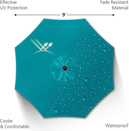 9ft Patio Umbrella with Solar Lights, Outdoor Umbrella with 24 LED Solar Umbrella Lights, Solar Patio Umbrella with Push Botton Tilt & Crank Ideal for Garden, Deck, Backyard & Pool, Teal Green