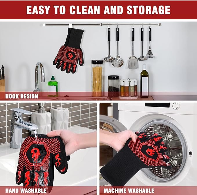 HAMITOR BBQ Grill Gloves : 1472 ℉ High Temp Resistance Fireproof Glove for Grilling Barbecue - Washable Long Silicone Oven Mitts Extreme Hot Proof Mittens for Kitchen Cooking Baking