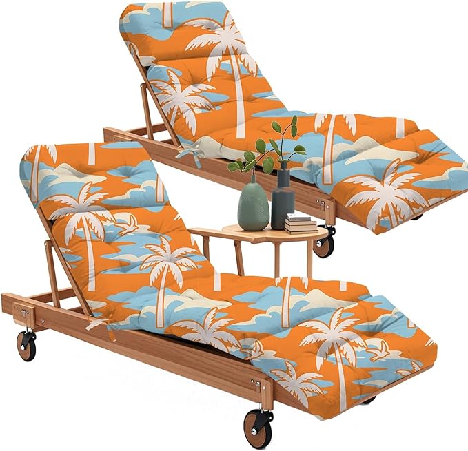 2Pcs Outdoor Chaise Lounge Chair Cushion 75.1 x 22.8 x 4.7 Inches 100% Waterproof Replacement Cotton Patio Pool Lounge Chair Cushion for Outdoor Furniture with Ties, Orange Coconut Tree