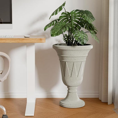 24" Tall Urn Planters for Outdoor Plants, Urns and Pedestal, Beige | Resin HDPE Weather-Resistant Material, Vintage Trophy Design Outdoor Planters with Drainage Holes, Flower Pot/Vase/Porch Door