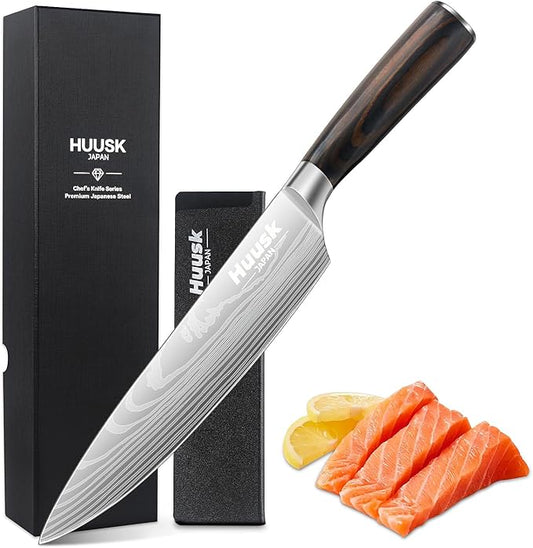 Huusk Chef Knife 8 Inch, Japanese Steel Gyuto Knife, Ultra Sharp Kitchen Knives with Ergonomic Handle, Christmas Gifts for Women and Men