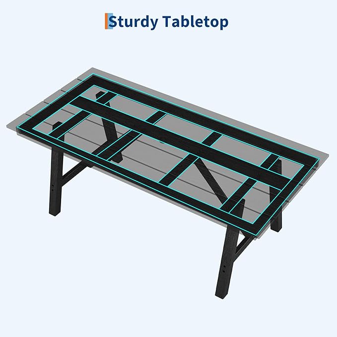 Outdoor Dining Table 6 Person, Rectangle HDPE Patio Table with 2.1" Umbrella Hole, Triangular Legs, Weatherproof Heavy Duty Backyard Furniture for Garden, Deck, Poolside, Easy Assembly (Balck)