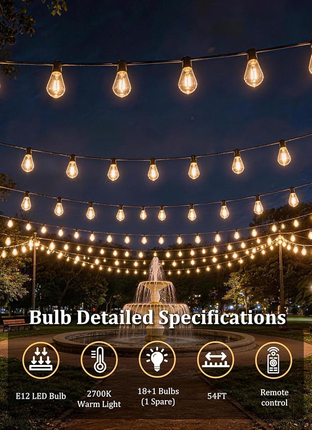 50FT Solar String Lights Outdoor Waterproof, 18LED S11 E12 Bulbs, Remote Control, Dimmable Timer, 3 Modes, Solar Powered Outdoor Patio Lights for Backyard Deck Garden Hanging Use