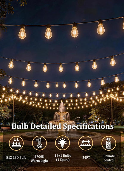 50FT Solar String Lights Outdoor Waterproof, 18LED S11 E12 Bulbs, Remote Control, Dimmable Timer, 3 Modes, Solar Powered Outdoor Patio Lights for Backyard Deck Garden Hanging Use