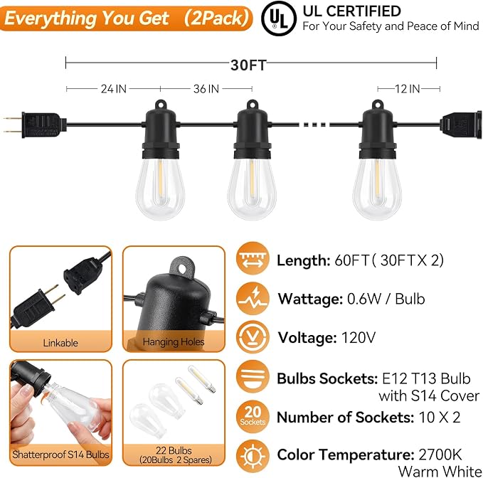 60FT Outdoor String Lights with 20+2 Shatterproof LED Bulbs | Hanging Lights for Patio Weatherproof , Warm White, Connectable Lights Plug in for Party, Cafe, Bistro and Backyards (2 Pack)