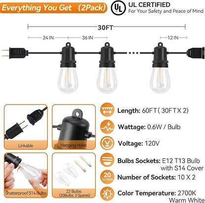 60FT Outdoor String Lights with 20+2 Shatterproof LED Bulbs | Hanging Lights for Patio Weatherproof , Warm White, Connectable Lights Plug in for Party, Cafe, Bistro and Backyards (2 Pack)