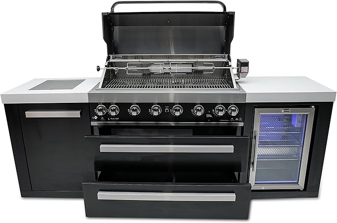 Mont Alpi 94"W x 23"D x 46"H Black Stainless Steel Modular Outdoor Kitchen Island with Refrigerator + 44"W 6-Burner BBQ Gas Grill + Side Burner + White Granite Countertops + Storage Cabinets & Drawers